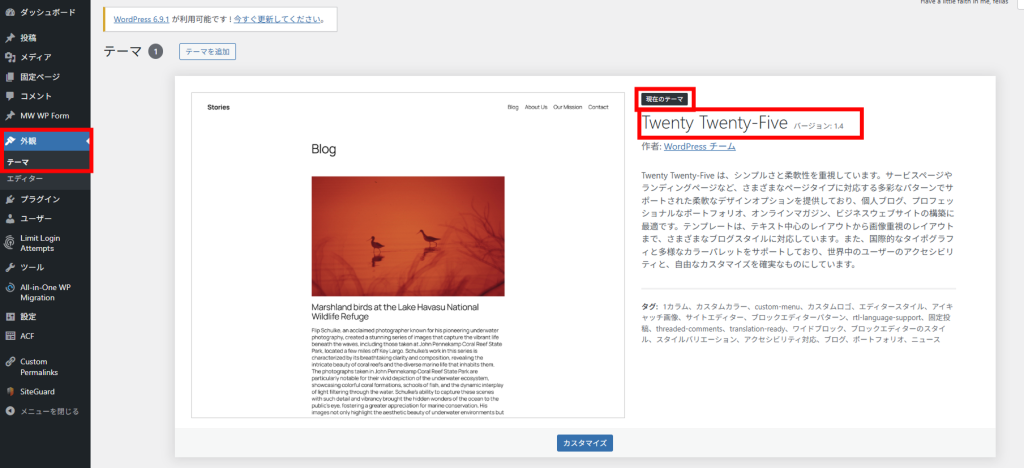 管理画面の外観のテーマを確認している画像